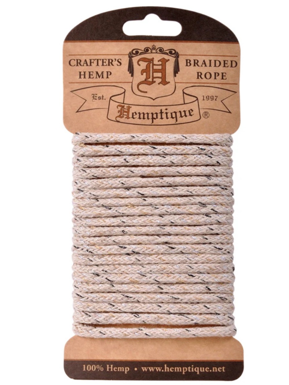 Crafter’s Hemp Braided 4 mm Rope By Hemptique Natural With Silver Gold 9.8 ft